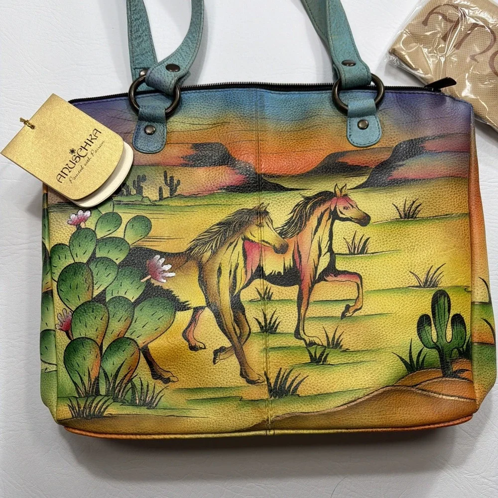 Anuschka Vintage Leather Handbag Southwest Desert Horses Handpainted Rare! New!!